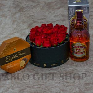 Amelia Hamper of roses, Chocolates, and Chivas Regal Whisky.