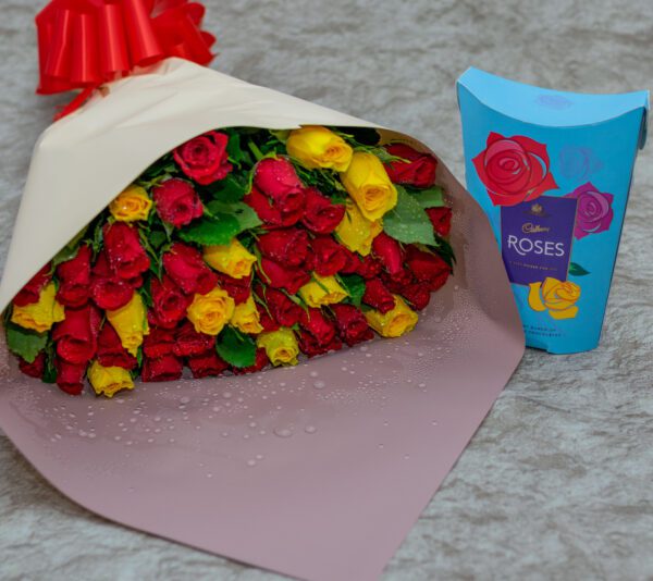 Mixed Roses Flowers and Cadbury Roses Chocolate