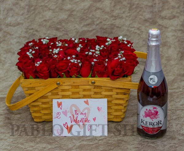 Roses in a basket and Keror Sparkling Wine