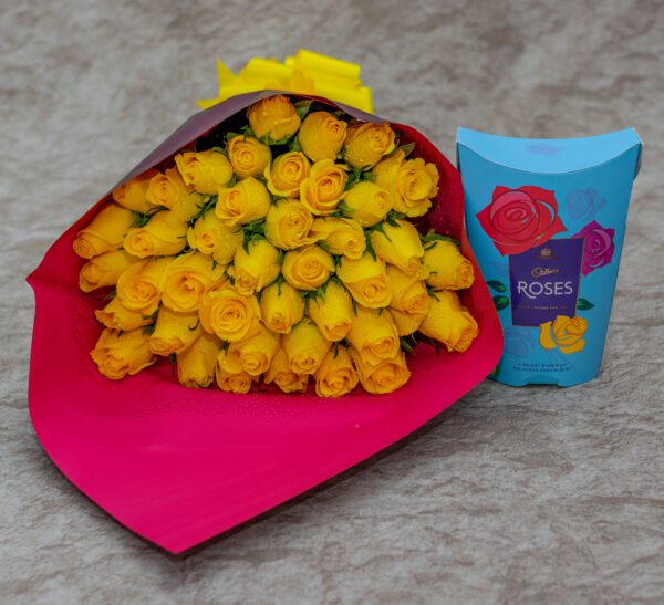Yellow Roses Bouquet & Cadbury Roses Chocolates