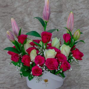 A Flower Basket of Tiger Lilies, Red and White Roses
