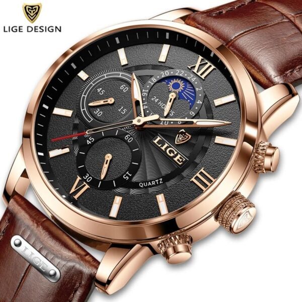 LIGE 8932 Brown Leather Strap Quartz Wrist Watch