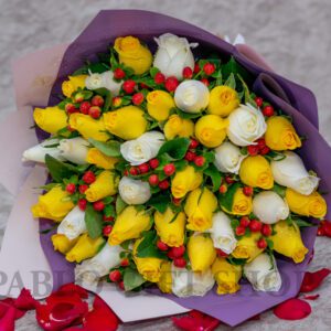 Red and White Roses with Berry Flowers