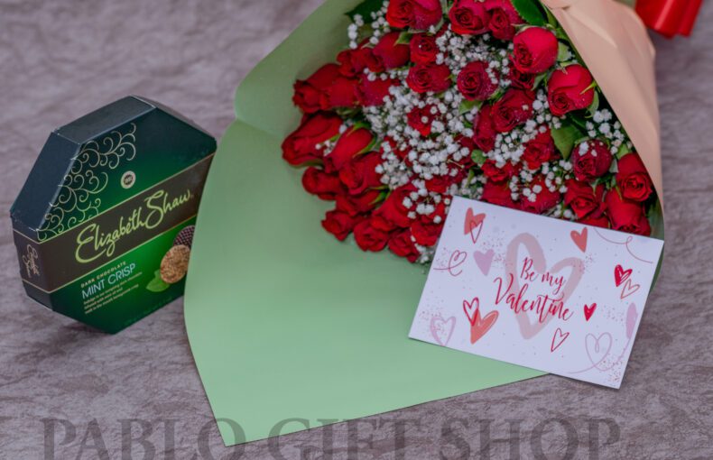 Red Roses and Baby Breath and Elizabeth Shaw Chocolate