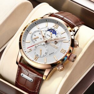 LIGE 8932 White Dial Brown Leather Strap Watch
