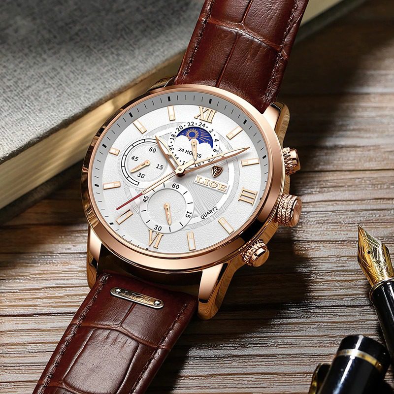 LIGE 8932 White Dial Brown Leather Strap Watch