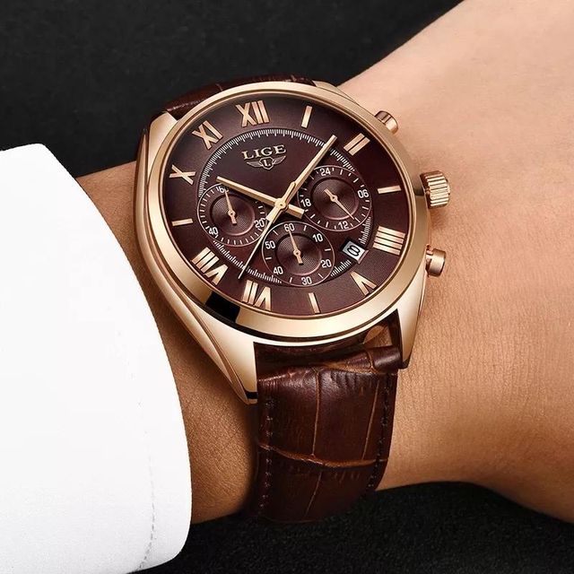 LIGE 9806B Genuine Leather Strap Unisex Watch