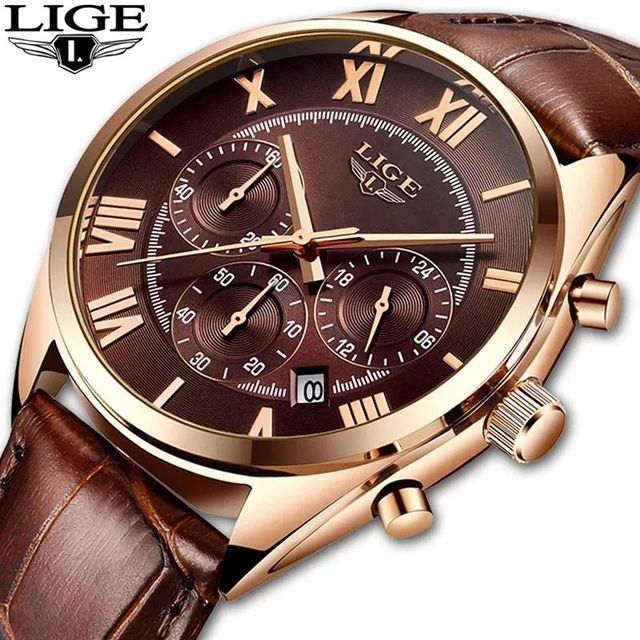 LIGE 9806B Genuine Leather Strap Unisex Watch