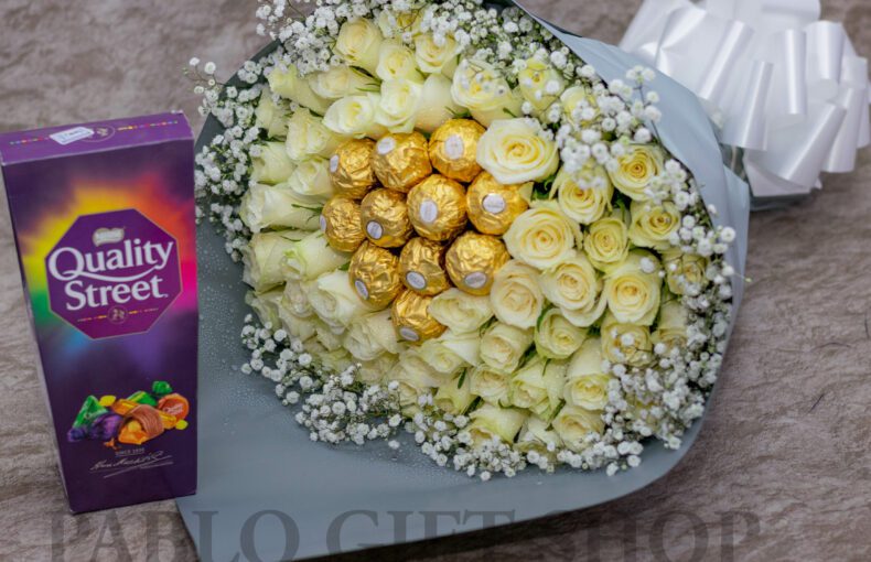 Gypsophila Bouquet and Quality Street Chocolates