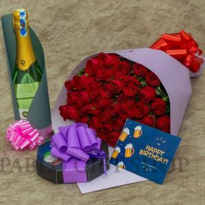 Fresh red rose flowers with Elizabeth shaw chocolate and fragolino wine and a gift card