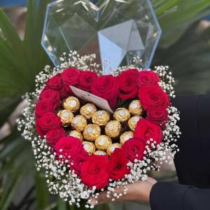 Heart-Shaped Fresh Flower Box and Chocolates.