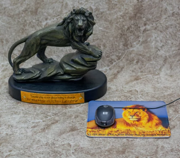 Personalized Large Lion Iron Cast Sculpture  and Mouse Pad Combo
